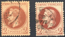 [O SUP] N° 26A+26Aa, 2c Rouge-brun + Chocolat - Les 2 Nuances - Cote: 175€ - 1863-1870 Napoléon III Lauré