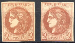 [(*) TB] N° 40B+40Bd, 2c Brun-rouge (report 2), Nuance Claire Et Foncée - Timbres Bien Margés - Cote: 405€ - 1870 Bordeaux Printing
