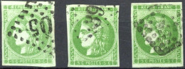 [O SUP] N° 42B, 5c Vert-jaune (report 2), Lot De 3 Ex Bien Margés - Jolie Nuances. Cote +1300 € - 1870 Uitgave Van Bordeaux