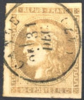 [O SUP] N° 43B, 10c Bistre Margé Avec TB Nuance Verdâtre Et Obl Centrale C.à.d 'Canne' - 1870 Bordeaux Printing