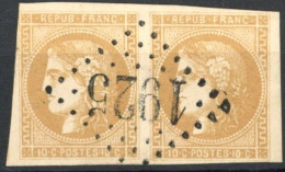 [O SUP] N° 43B, 10c Bistre-jaune (report 2), Paire Margée - Superbe Obl Centrale Apposée 1x 'GC1925' Laissac - Cote: 250 - 1870 Ausgabe Bordeaux