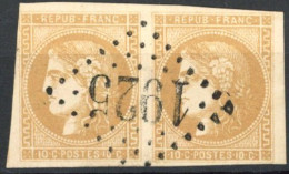 [O SUP] N° 43B, 10c Bistre-jaune (report 2), Paire Margée - Superbe Obl Centrale Apposée 1x 'GC1925' Laissac - Cote: 250 - 1870 Bordeaux Printing