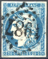 Delcampe - [O SUP] N° 44A, 20c Bleu (type I - Report 1), Bien Margé - TB Obl Centrale 'GC1987' Laval - Cote: 850€ - 1870 Uitgave Van Bordeaux