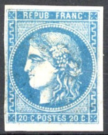 [O SUP] N° 45B, 20c Bleu (type II - Report 2), Bien Margé - Obl Quasi Absente - Cote: 100€ - 1870 Uitgave Van Bordeaux