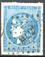 [O SUP] N° 45C, 20c Bleu (type II - Report 3), Bien Margé - Superbe Obl Ambulant 'ML2' - Cote: 70€ - 1870 Uitgave Van Bordeaux