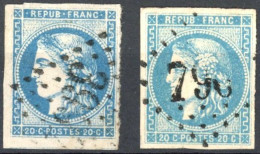 [O SUP] N° 46A+46B, 20c Bleu (type III) Les 2 Reports - Timbres Bien Margés - Cote: 225€ - 1870 Bordeaux Printing