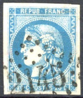 [O SUP] N° 46B, 20c Bleu (type III - Report 2), Bien Margé - à La Cigarette - 1870 Emisión De Bordeaux