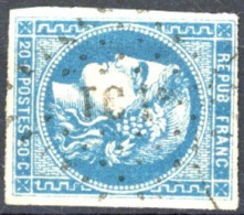 [O SUP] N° 46B, 20c Bleu (type III - Report 2), Bien Margé - Superbe Obl Ambulant 'TC1' - Cote: 25€ - 1870 Ausgabe Bordeaux