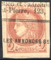 [O SUP] N° 51, 2c Rouge-brun Sur Fragment - TB Obl Annulation Type Des Journaux - Cote: 25€ - 1871-1875 Ceres