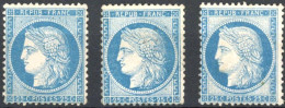 [(*) SUP] N° 60A/60C, 20c Bleu - Les 3 Types Dont Le Rare 60B (type II). Superbe Trio - Cote: 1090€ - 1871-1875 Cérès
