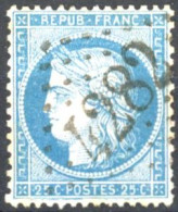 [O SUP] N° 60A, 25c Bleu Superbe Obl Centrale Peu Courante GC '4282' Villiers-St-Benoit - 1871-1875 Cérès