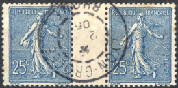 [O SUP] N° 132, 25c Bleu En Paire Interpanneau - Superbe Obl Centrale - 1903-60 Semeuse Lignée