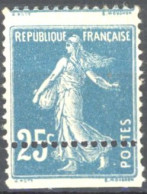 [** SUP] N° 140-cu, 25c Bleu - Piquage à Cheval - 1903-60 Semeuse Lignée