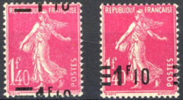 [* SUP] N° 228-cu, 1f10/1f40 Rose (2x) - Surcharge à Cheval - 1903-60 Semeuse Lignée