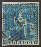 BARBADOS 1852-1855 Used Imperf 1d Blue On Blued No WMK SG #3 CV £190 - Barbados (...-1966)
