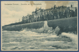 Nordseebad Borkum Sturmflut Vor Der Wandelhalle, Gelaufen 1925 Fleckig (AK1250) - Borkum