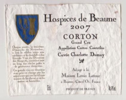 Etiquette HOSPICES DE BEAUNE " CORTON Grand Cru 2007 - Cuvée Charlotte Dumay " (2998)_ev521 - Bourgogne