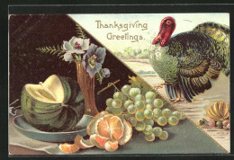 Präge-AK Thanksgiving, Truthahn Und Tisch Mit Obst  - Autres & Non Classés