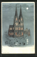 Lithographie Köln, Blick Auf Den Dom, Halt Gegen Das Licht: Mit Leuchtenden Fenstern  - Andere & Zonder Classificatie