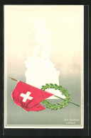 Präge-AK Altdorf, Tell-Denkmal Und Schweizer Flagge Mit Lorbeerkranz  - Fiabe, Racconti Popolari & Leggende