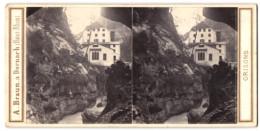 Stereo-Fotografie A. Braun, Dornach, Ansicht Bad Ragaz, Bains De Pfaefers, Vue Prise De La Gorge  - Stereoscoop