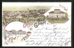 Lithographie Görkau, Marktplatz, Schloss Rothenhaus, Ortsansicht  - Tschechische Republik