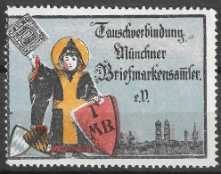 VIGNETTE Reklamemarke Tauschverbindung Münchner Briefmarkensammler E.V., Münchner Kindl Und Stadtsilhouette Münchens - Erinnofilie
