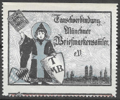 VIGNETTE Reklamemarke Tauschverbindung Münchner Briefmarkensammler E.V., Münchner Kindl Und Stadtsilhouette Münchens - Erinnophilie