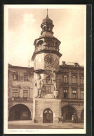 AK Arnau / Hostinne, Rathaus Mit Turmuhr Und Sparkasse  - Tschechische Republik