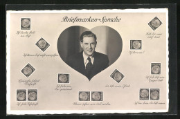 AK Briefmarkensprache, Junger Mann Im Herzrahmen  - Briefmarken (Abbildungen)