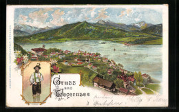 Lithographie Tegernsee, Totalansicht, Bua In Tracht  - Tegernsee