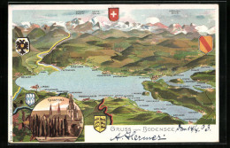 Künstler-AK Konstanz, Karte Der Umgebung Des Bodensses  - Konstanz