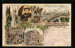 Lithographie Magdeburg, Gasthaus Zum Schultheis Breiteweg 29, Parterre Lokal, Denkmal Königin Luise  - Magdeburg