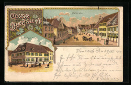 Lithographie Buchau A /F., Gasthof Zum Hirsch, Marktplatz Mit Geschäft  - Bad Buchau