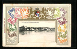 Präge-AK Unter-Schondorf, Blick Vom Ammersee Auf Den Ort, Bayerische Briefmarken  - Sellos (representaciones)