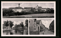 AK Frauenpriessnitz, Teilansicht, Strassenpartie Mit Denkmal, Uferpartie  - Andere & Zonder Classificatie