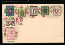 AK Schweizer Briefmarken, Rosa Blumen  - Briefmarken (Abbildungen)