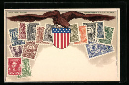 Lithographie Amerikanische Briefmarken Mit Adler Und Wappen  - Postzegels (afbeeldingen)