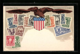 Lithographie Briefmarken Der USA Mit Adler Und Wappen  - Briefmarken (Abbildungen)