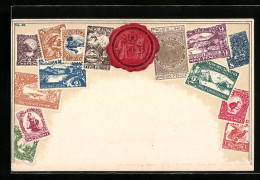 Präge-AK Briefmarken Und Rotes Siegel Von Neuseeland  - Briefmarken (Abbildungen)