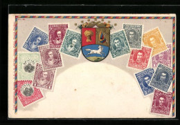Präge-Lithographie Venezuela, Briefmarken Und Wappen, Bolivar  - Timbres (représentations)