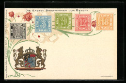 Lithographie Die Ersten Briefmarken Von Bayern Mit Wappen  - Timbres (représentations)