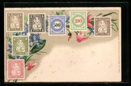 Künstler-AK Schweizer Briefmarken Und Blumen  - Briefmarken (Abbildungen)