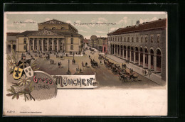 Lithographie München, Max Josephplatz Und Maximilianstrasse Mit Hof- U. Nationaltheater  - Théâtre