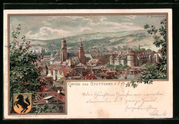 Lithographie Stuttgart, Teilansicht, Wappen  - Stuttgart