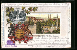 Lithographie Stuttgart, Altes Schloss, Denkmal, Wappen, Passepartout  - Stuttgart