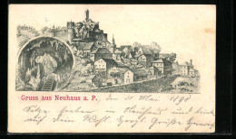 Lithographie Neuhaus A. P., Ortsansicht Mit Schloss  - Sonstige & Ohne Zuordnung
