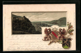 Passepartout-Lithographie Heidelberg, Ortsansicht Mit Schloss, Wappen  - Autres & Non Classés