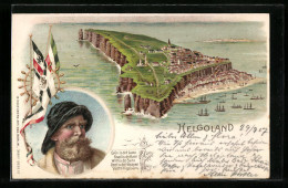 Künstler-AK Helgoland, Die Insel Aus Der Vogelschau Mit Porträt Eines Seemannes  - Helgoland