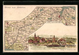Lithographie Holtenau, Ortsansicht Mit Dampfer, Landkarte  - Mapas